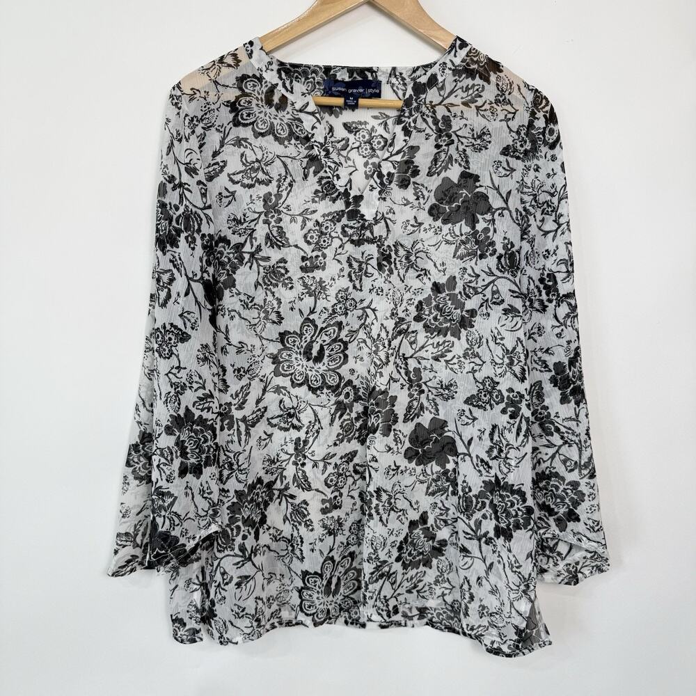 Susan Graver Sheer Floral Tunic Top Size M Glittery Black White Flare‎ Sleeves